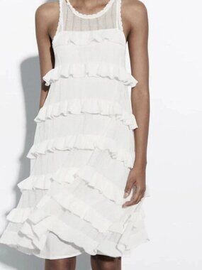 Zara Flowing Ruffles Detail Knit Dress White Size M
